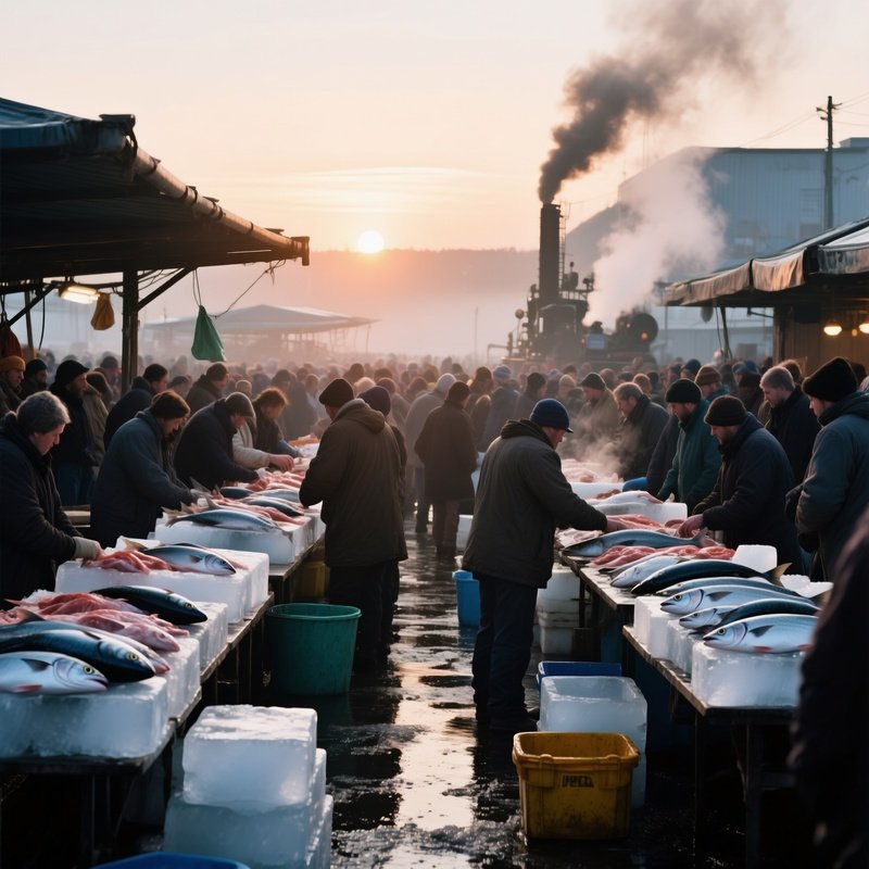 A Bustling Fish Auction At Sunrise, Crowds Gathering Around Ice‑Filled Tables, The Salty Air Thick