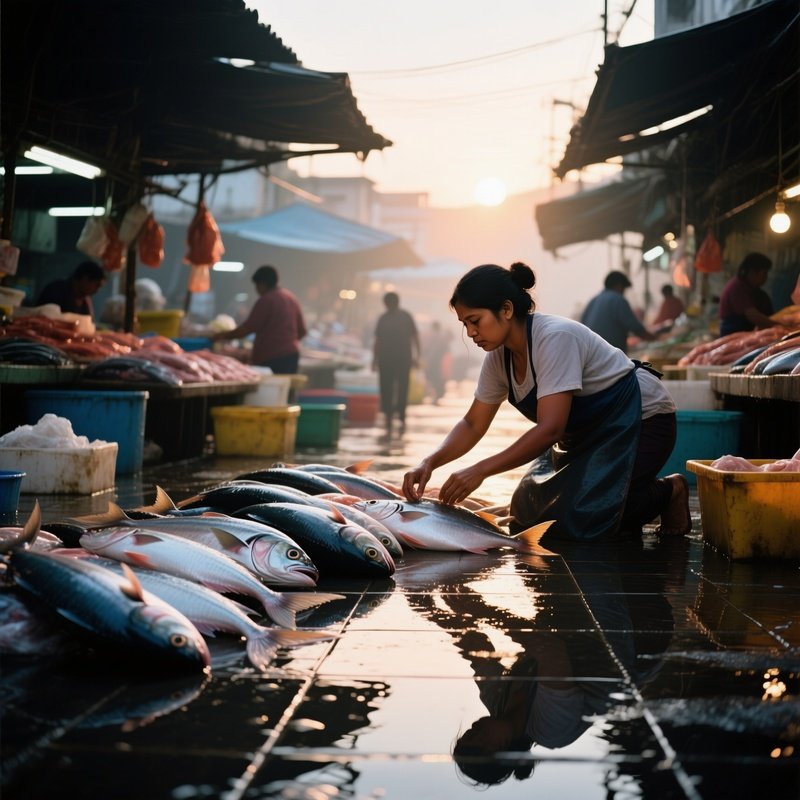 A Bustling Fish Market At Dawn, A Female Vendor Arranging Catch, Wet Tiles Reflecting Her