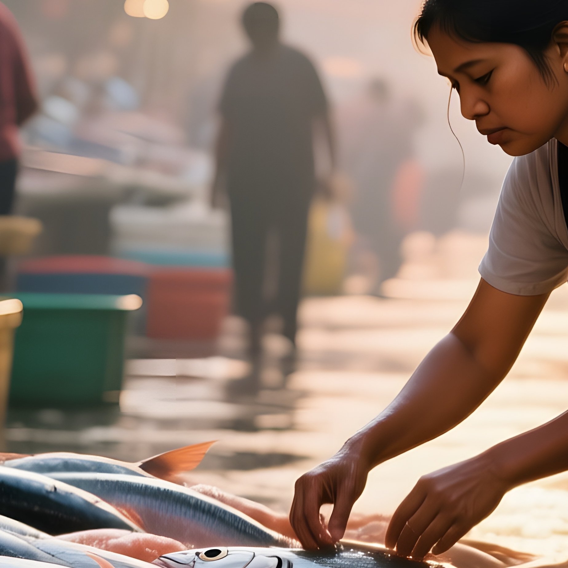 A Bustling Fish Market At Dawn, A Female Vendor Arranging Catch, Wet Tiles Reflecting Her - Full Resolution Quality Preview