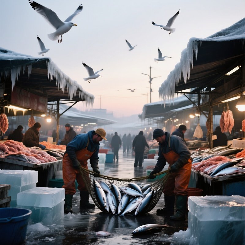 A Bustling Fish Market At Dawn, Ice Glistening On Stalls, Fishermen Hauling Bright Silver Catches,