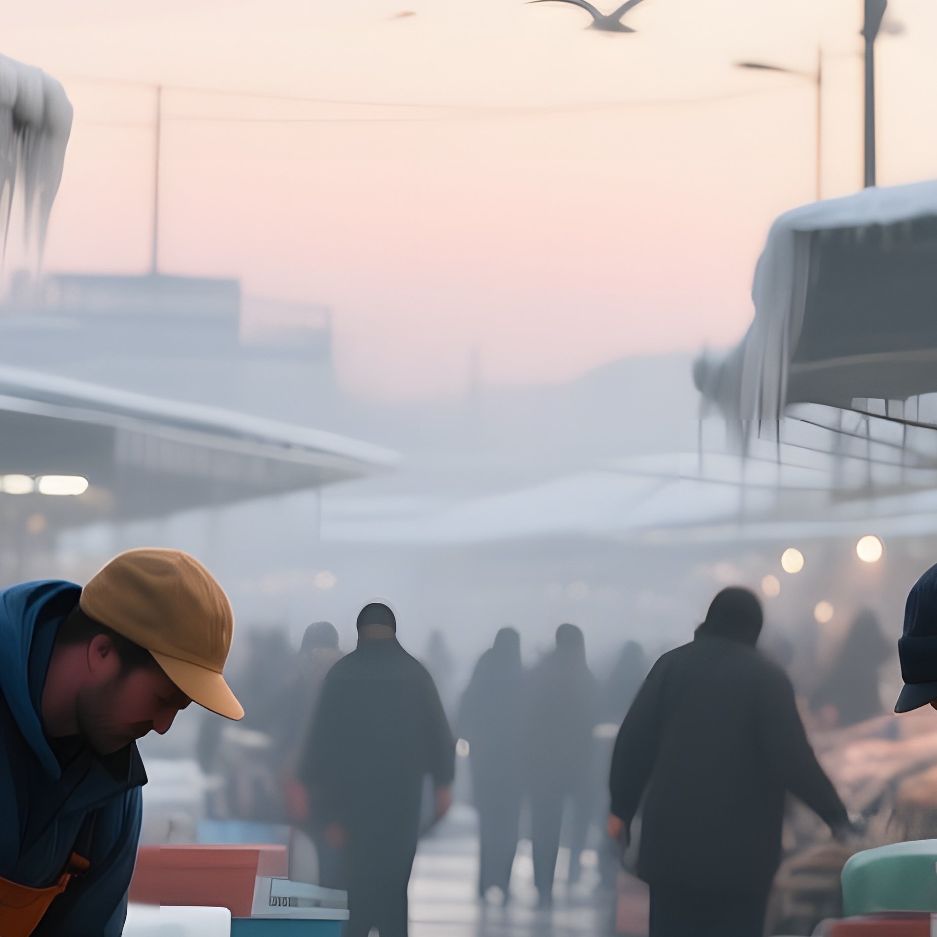 A Bustling Fish Market At Dawn, Ice Glistening On Stalls, Fishermen Hauling Bright Silver Catches, - Full Resolution Quality Preview
