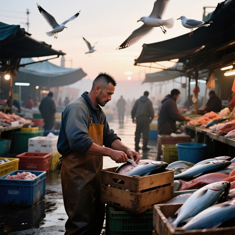 A Bustling Fish Market At Dawn, Salty Air; A Fisherman Gets A Short Buzz Cut On A Wooden Crate