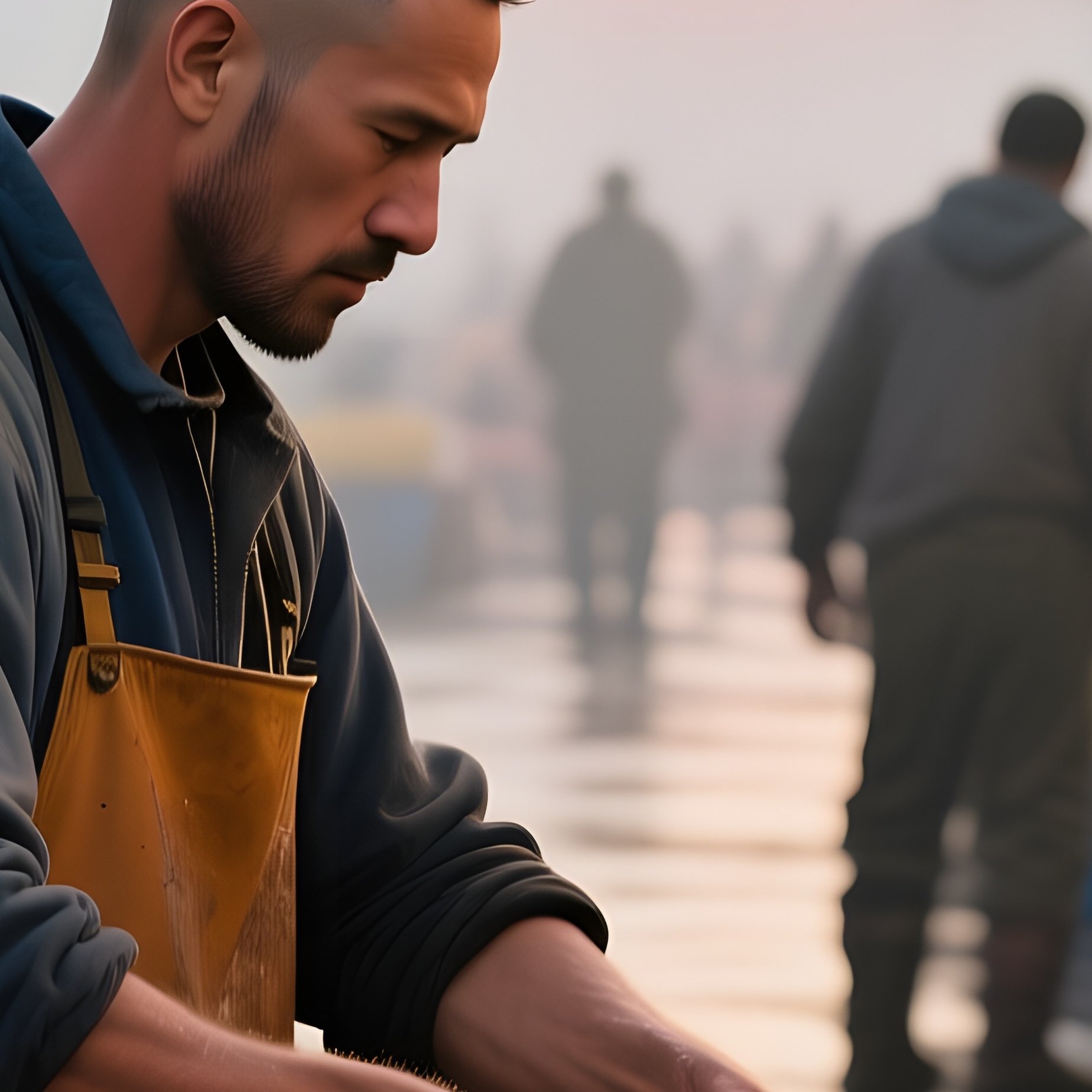 A Bustling Fish Market At Dawn, Salty Air; A Fisherman Gets A Short Buzz Cut On A Wooden Crate - Full Resolution Quality Preview