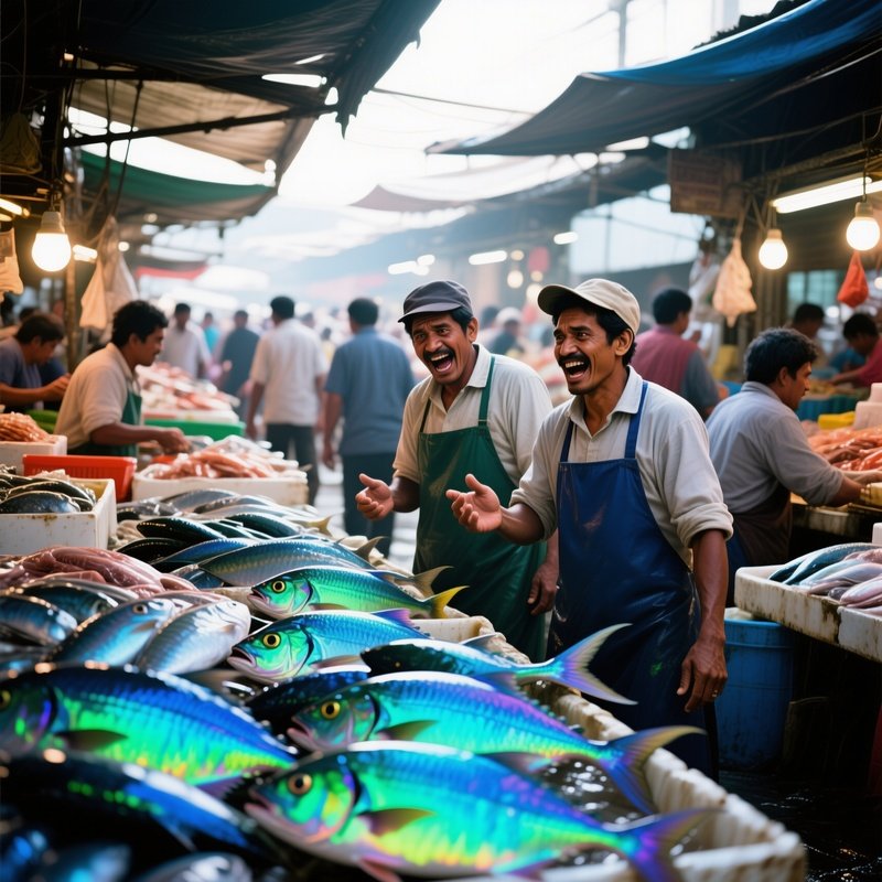 A Bustling Fish Market At Midday, Stalls Overflowing With Iridescent Fish Rendered In Electric