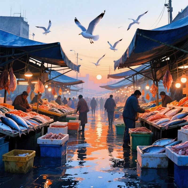 A Bustling Fish Market At Sunrise, Stalls Laden With Glistening Catches, Watercolor Blues And
