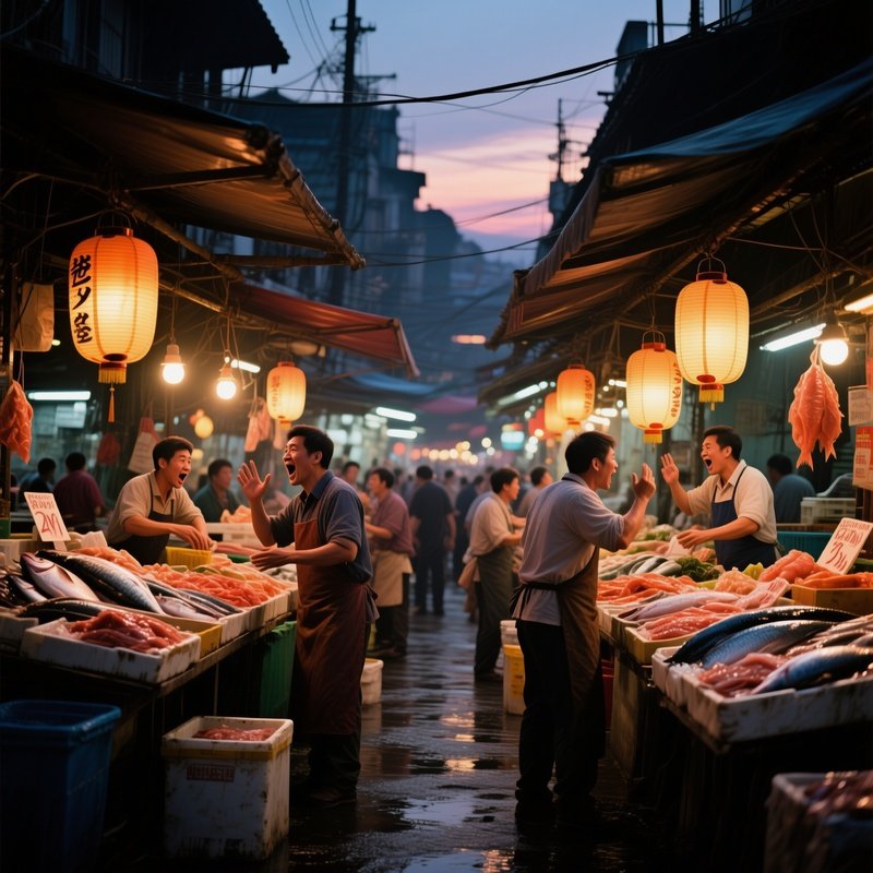 A Bustling Fish Market At Twilight, Stalls Illuminated By Hanging Lanterns, Vendors Shouting