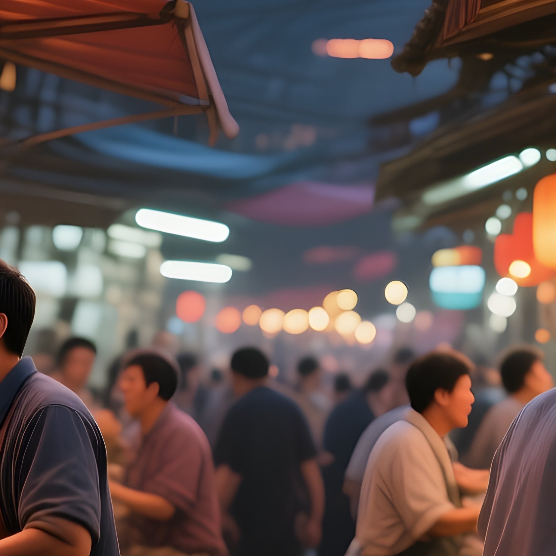 A Bustling Fish Market At Twilight, Stalls Illuminated By Hanging Lanterns, Vendors Shouting - Full Resolution Quality Preview