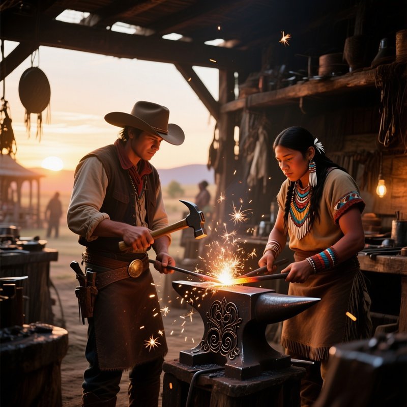 A Bustling Frontier Blacksmith Shop At Sunrise, Hammer Ringing, A Cowboy Watches As An Apache