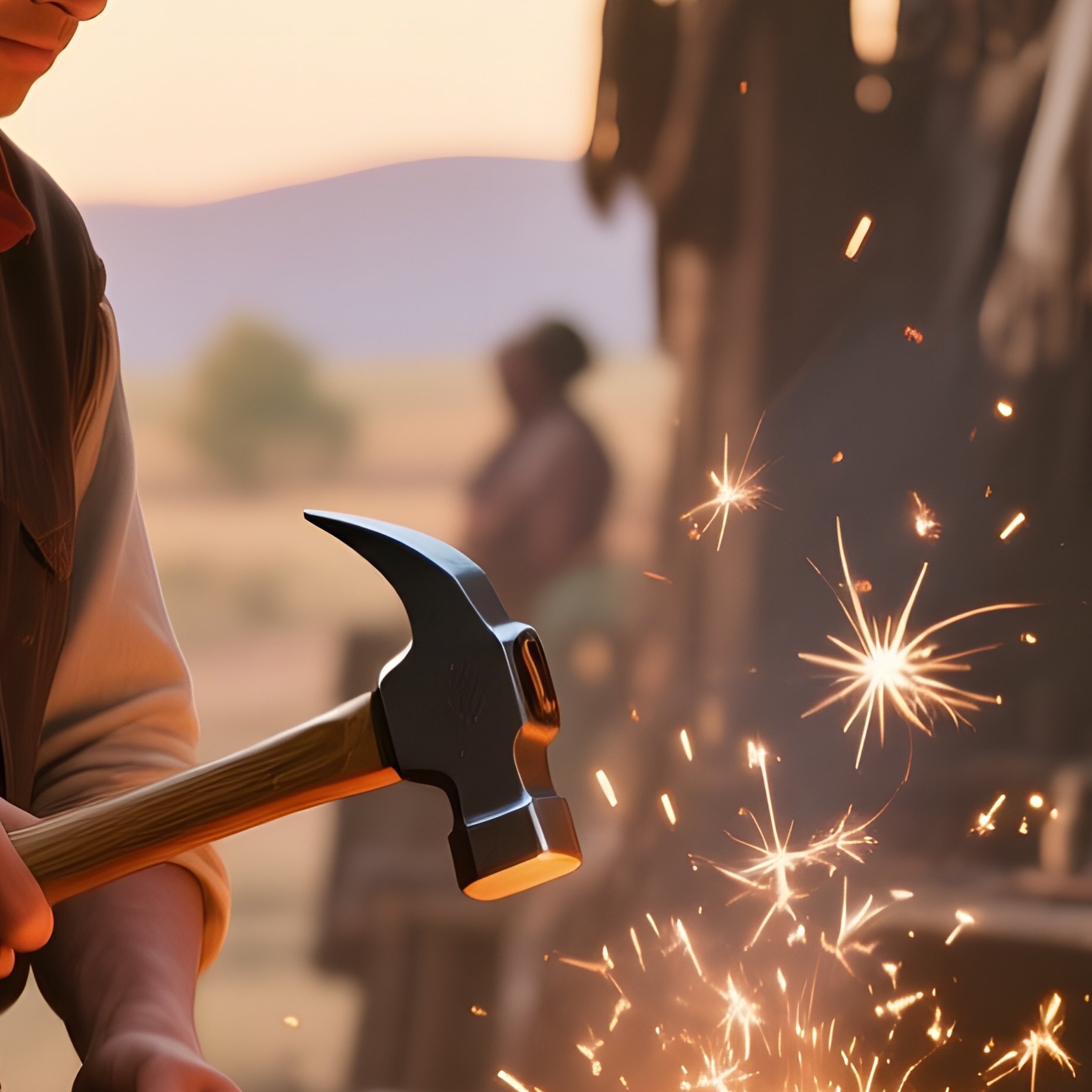 A Bustling Frontier Blacksmith Shop At Sunrise, Hammer Ringing, A Cowboy Watches As An Apache - Full Resolution Quality Preview