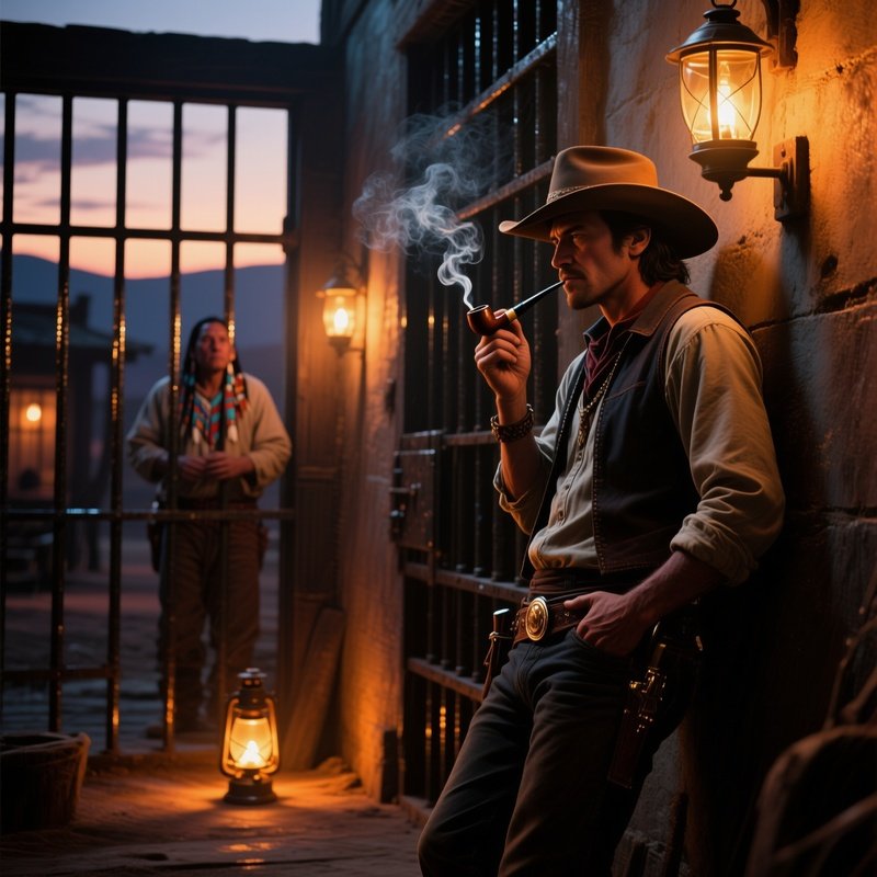 A Bustling Frontier Jail At Dusk, Iron Bars Glinting, A Cowboy Leans Against The Wall Smoking A