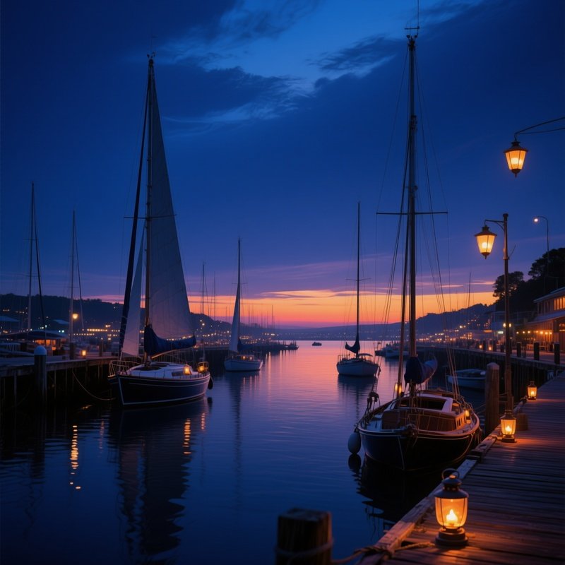 A Bustling Harbor At Dusk, Sailboats Bobbing Gently, Lanterns Flickering On Wooden Piers, And The