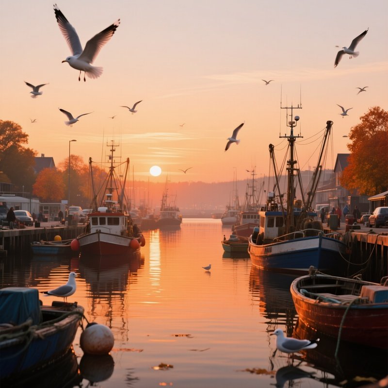 A Bustling Harbor At Sunrise In Early Autumn, Fishing Boats Bobbing, Gulls Circling, Warm Orange