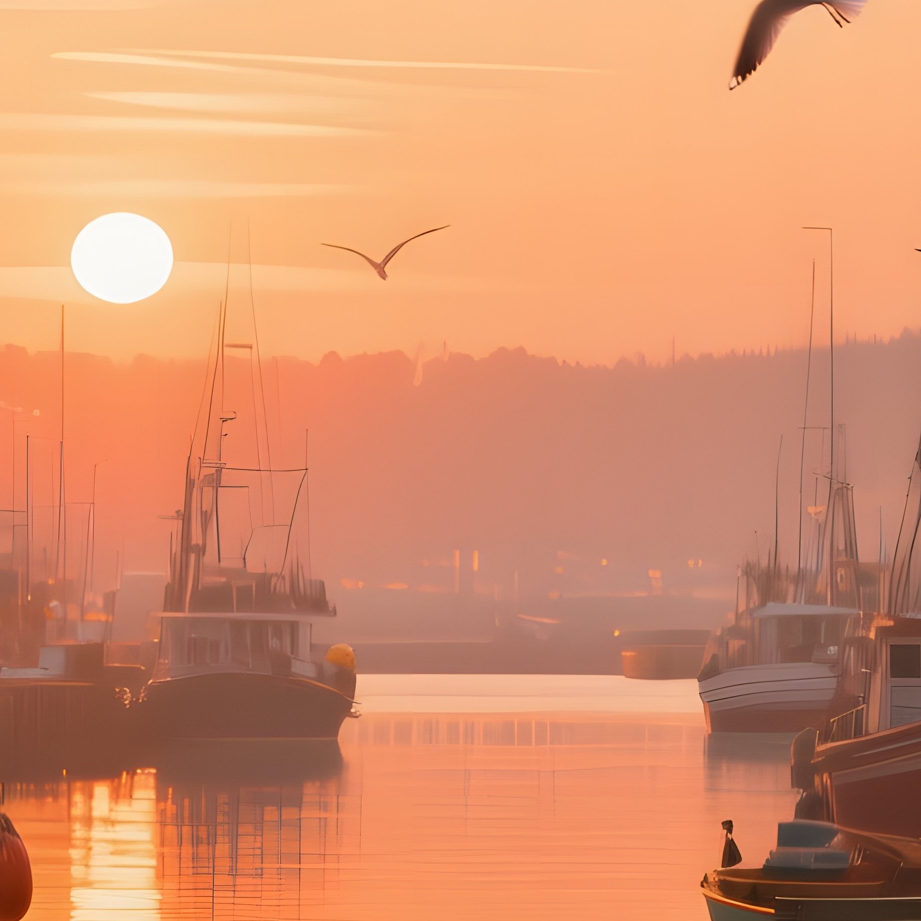 A Bustling Harbor At Sunrise In Early Autumn, Fishing Boats Bobbing, Gulls Circling, Warm Orange - Full Resolution Quality Preview
