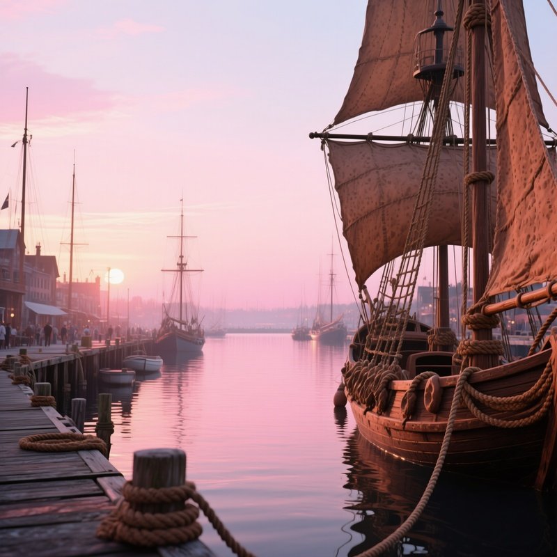 A Bustling Harbor At Sunrise, Ships Docked Along Wooden Piers, Ropes And Sails Crafted From
