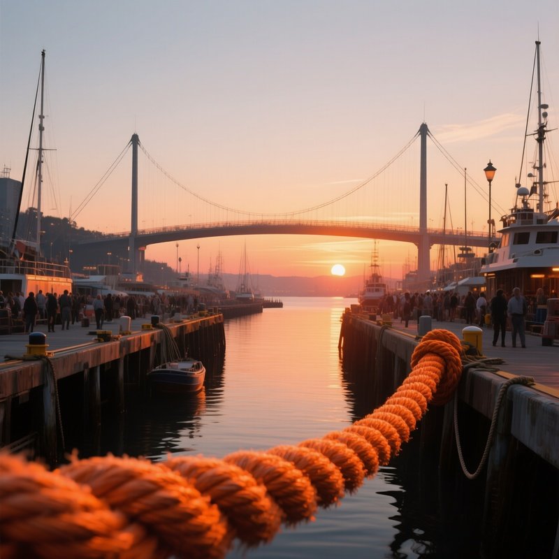 A Bustling Harbor Dock At Sunset, Where A Massive Wool Rope Bridge Connects Two Piers, Each Strand