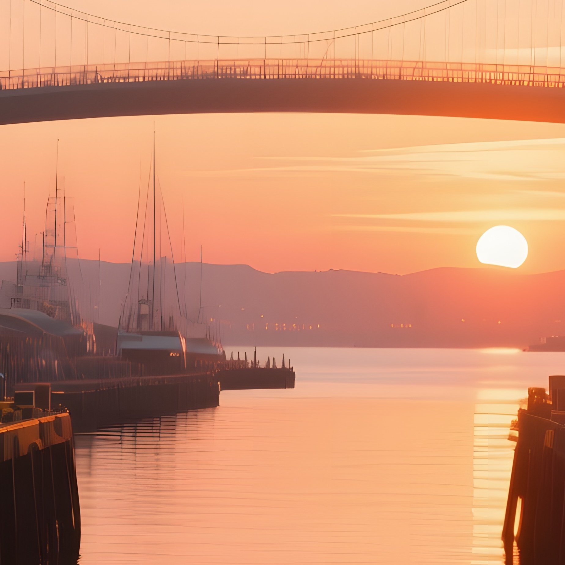 A Bustling Harbor Dock At Sunset, Where A Massive Wool Rope Bridge Connects Two Piers, Each Strand - Full Resolution Quality Preview