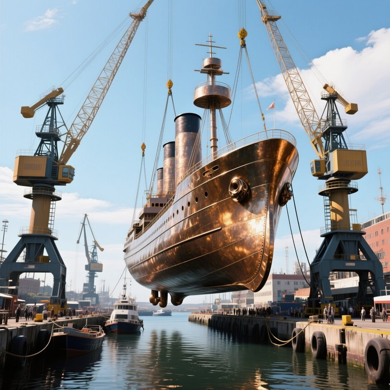 A Bustling Harbor Docked With Massive Bronze Ship Figures Being Lifted By Cranes, The Metallic