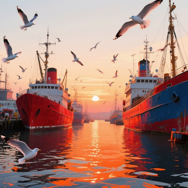 A Bustling Harbor During Sunrise, Ships With Hulls Painted In Bold Reds And Blues, Water Rippling