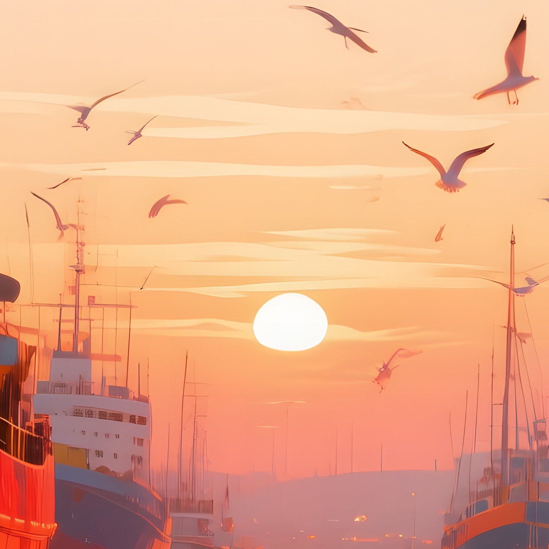 A Bustling Harbor During Sunrise, Ships With Hulls Painted In Bold Reds And Blues, Water Rippling - Full Resolution Quality Preview