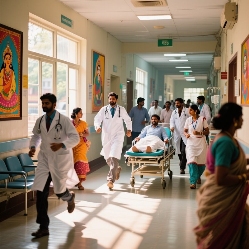 A Bustling Hospital Corridor In Mumbai At Midday, With Diverse Indian Doctors In White Coats