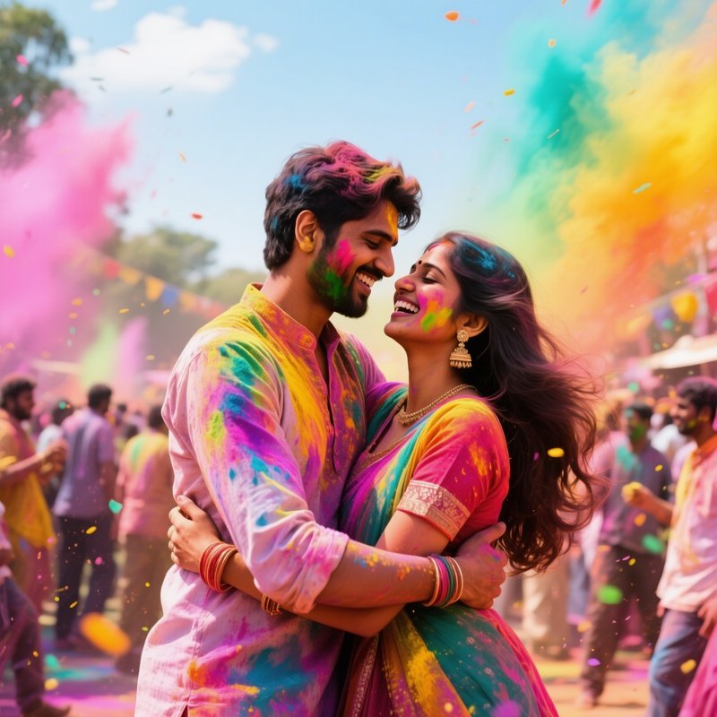 A Bustling Indian Holi Festival, Couples Covered In Colorful Powders Sharing Joyful Embraces,
