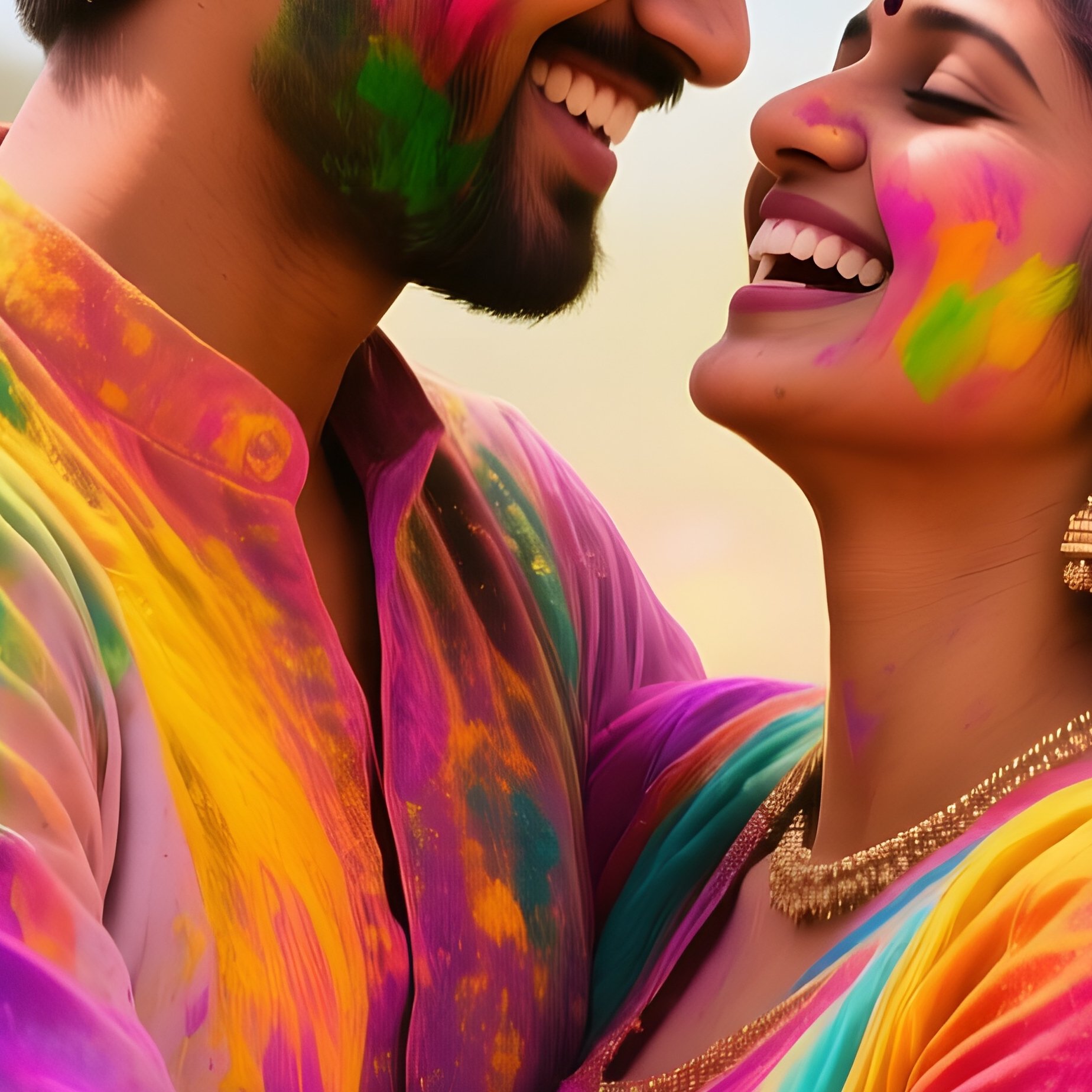 A Bustling Indian Holi Festival, Couples Covered In Colorful Powders Sharing Joyful Embraces, - Full Resolution Quality Preview