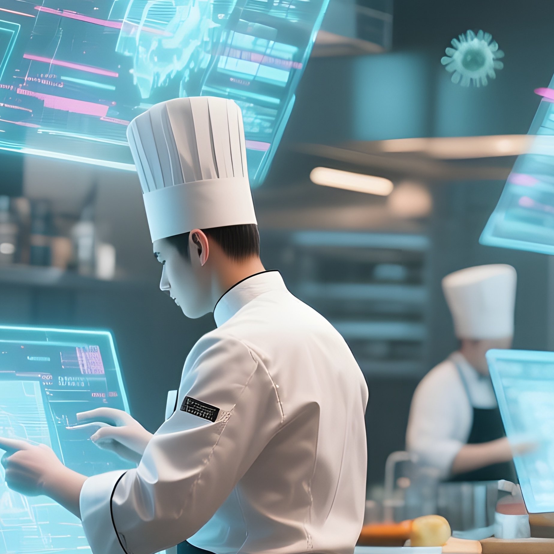 A Bustling Kitchen In A High‑Tech Restaurant, Chefs Using Holographic Displays While Glitchy - Full Resolution Quality Preview