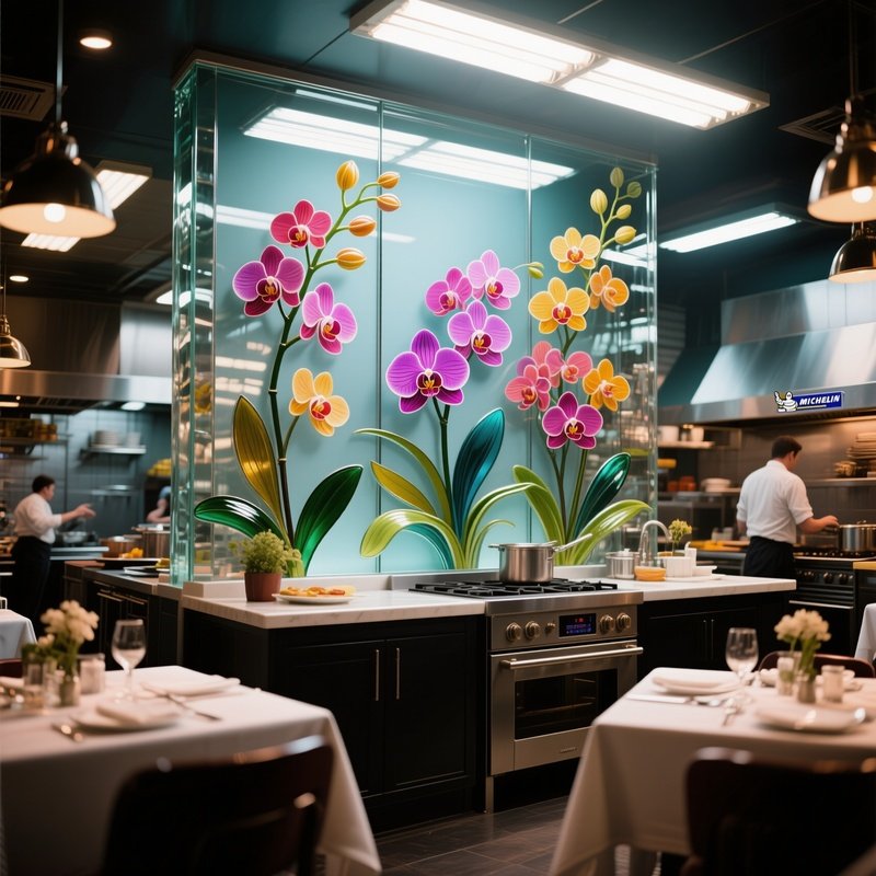 A Bustling Kitchen In A Michelin‑Star Restaurant, Where A Decorative Glass Backsplash Of Stylized