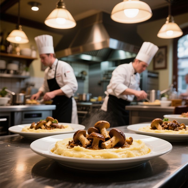 A Bustling Kitchen In A Traditional German Restaurant, Chefs Plating Sautéed Morels Over Creamy