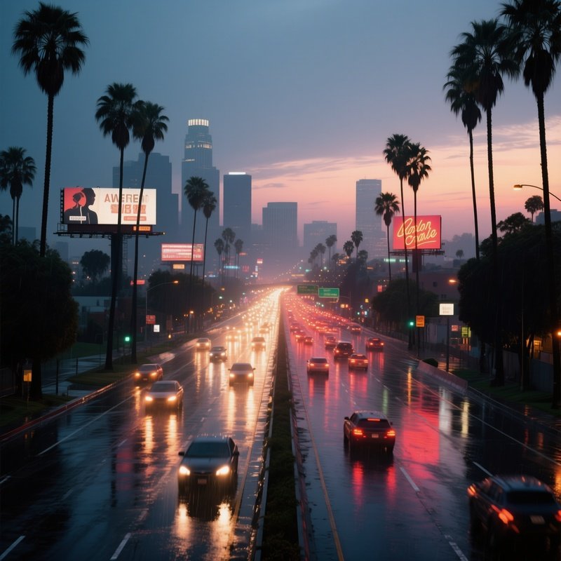 A Bustling Los Angeles Freeway At Dusk, Headlights Streaming Like Rivers Of Light, Palm Trees
