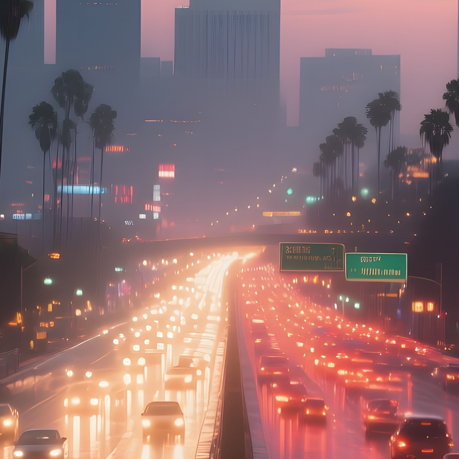 A Bustling Los Angeles Freeway At Dusk, Headlights Streaming Like Rivers Of Light, Palm Trees - Full Resolution Quality Preview