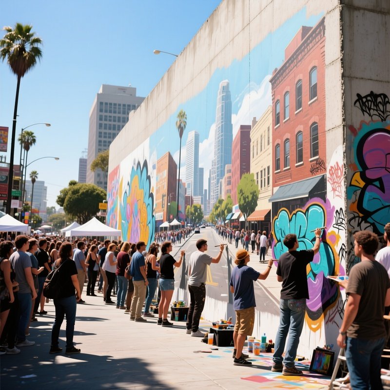 A Bustling Los Angeles Street Art Festival Under Midday Sun, Crowds Gathering As Artists