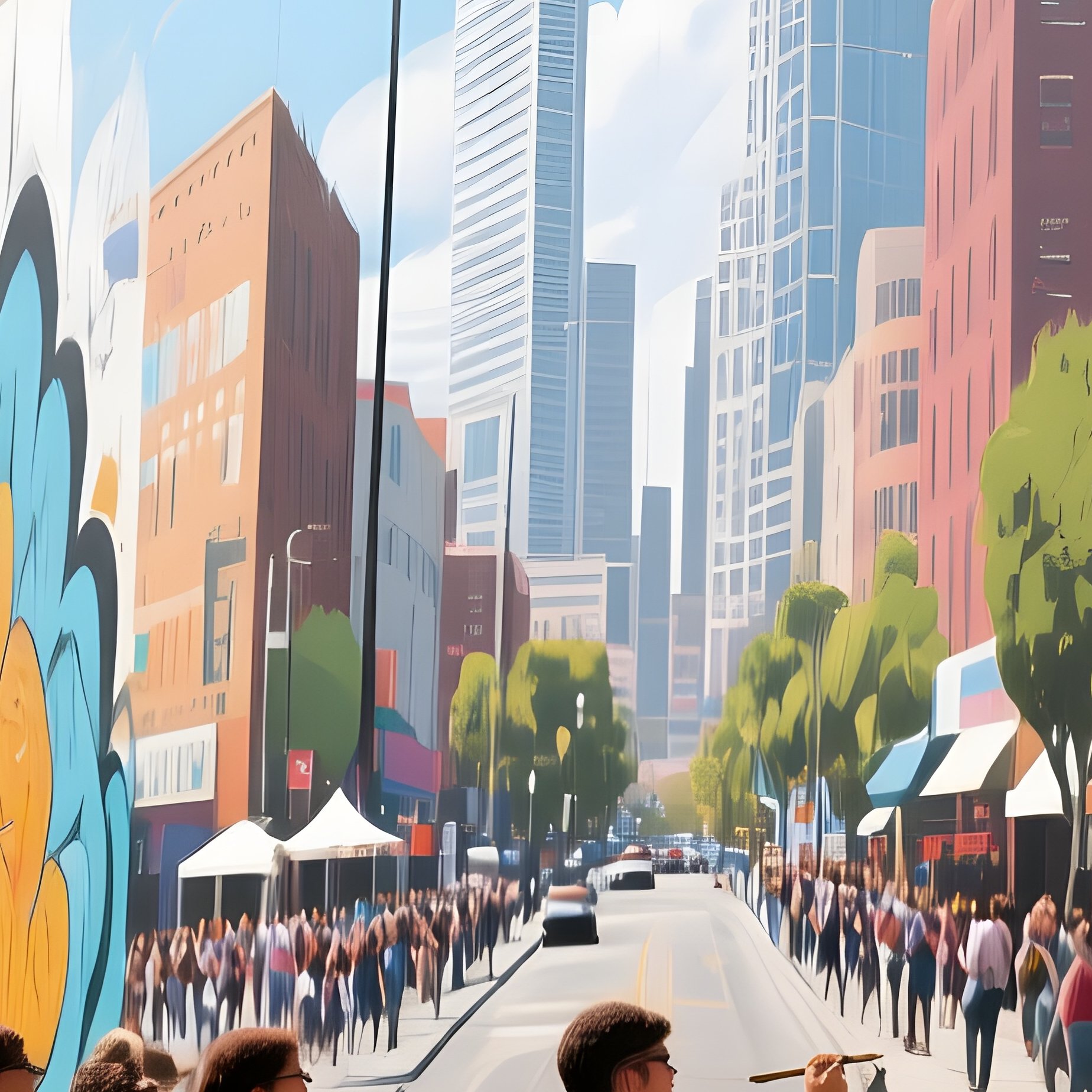 A Bustling Los Angeles Street Art Festival Under Midday Sun, Crowds Gathering As Artists - Full Resolution Quality Preview