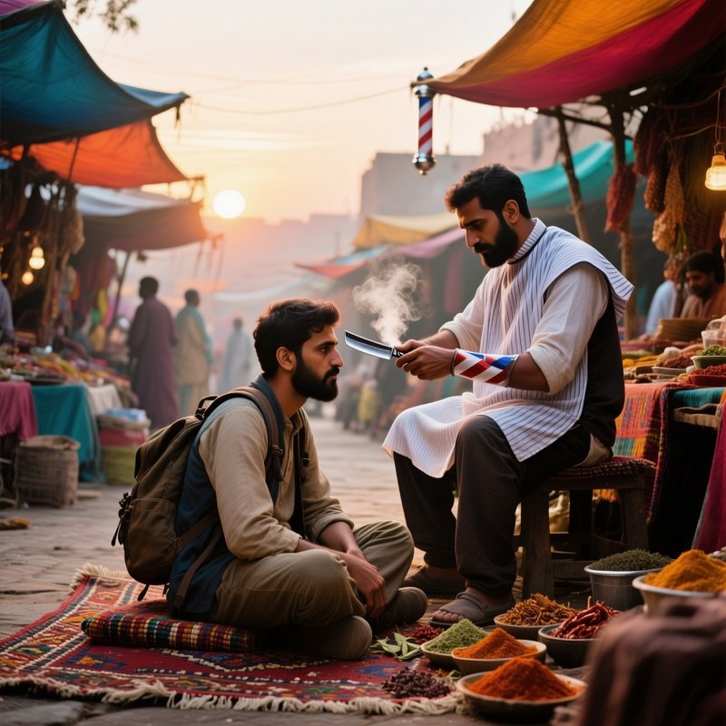 A Bustling Market Bazaar At Sunrise, Colorful Stalls; A Traveler Sits On A Woven Rug While A Local