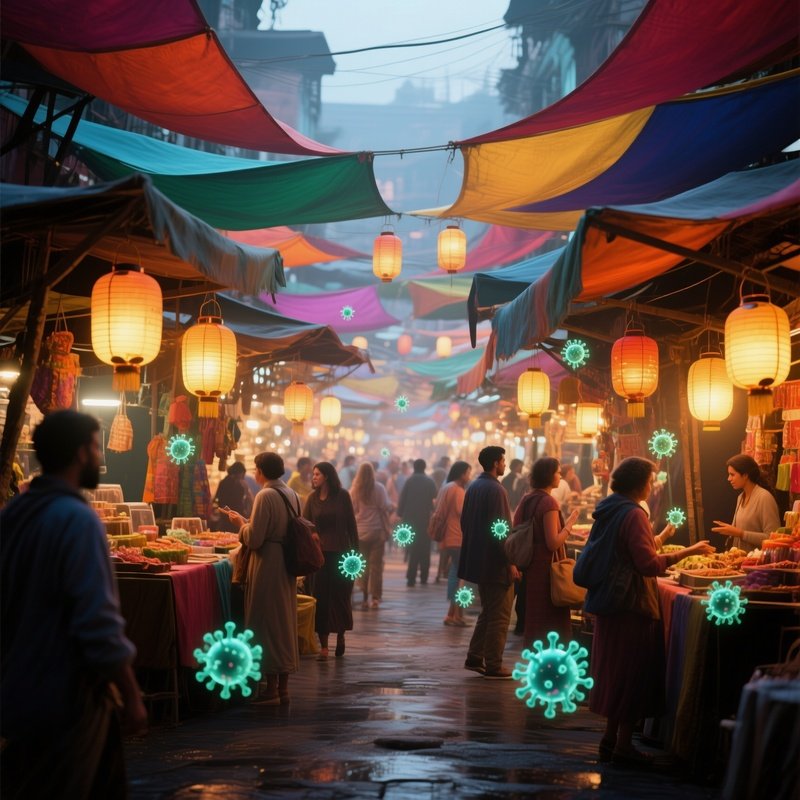 A Bustling Market Bazaar Under Colorful Canopies, Stalls Illuminated By Lanterns While Tiny