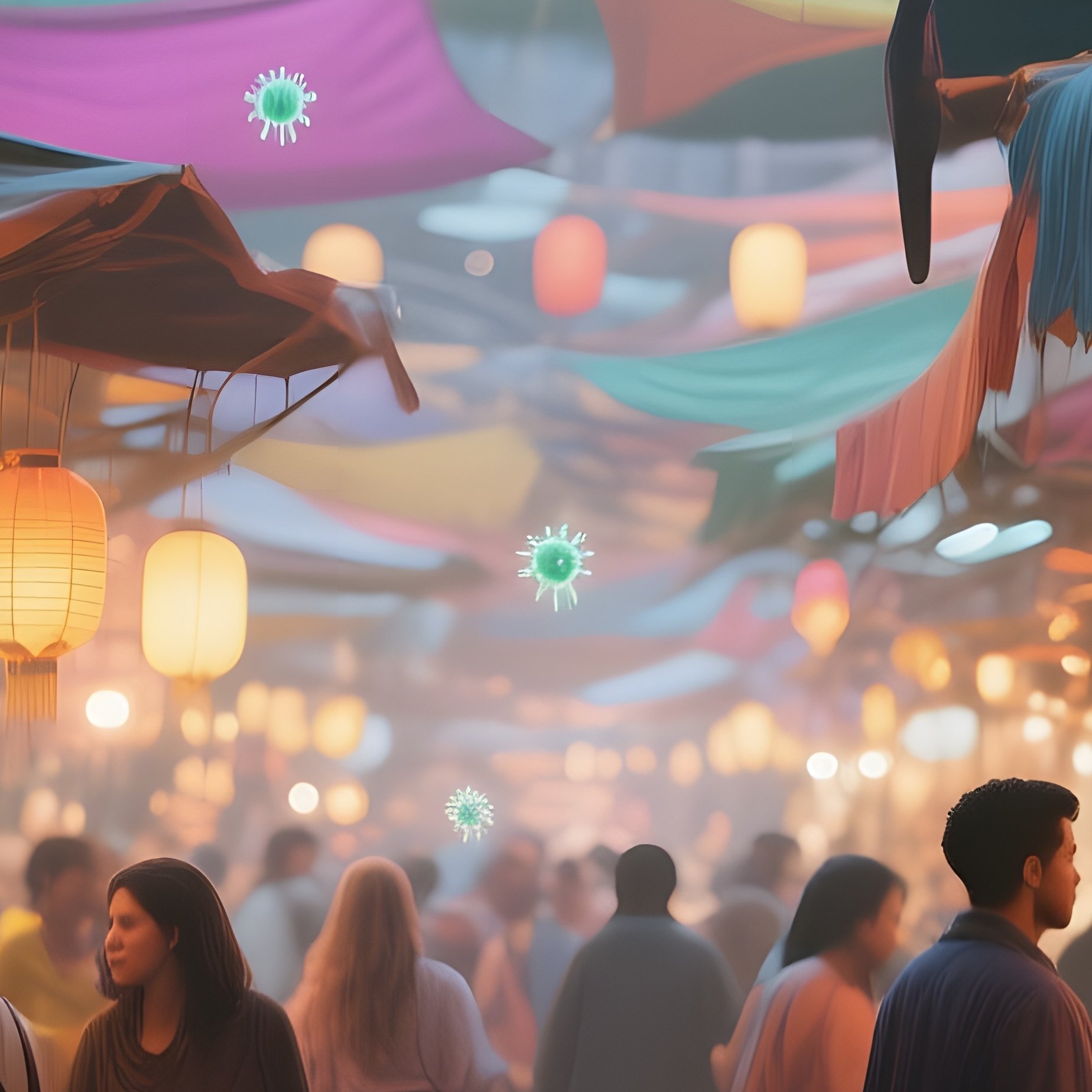 A Bustling Market Bazaar Under Colorful Canopies, Stalls Illuminated By Lanterns While Tiny - Full Resolution Quality Preview