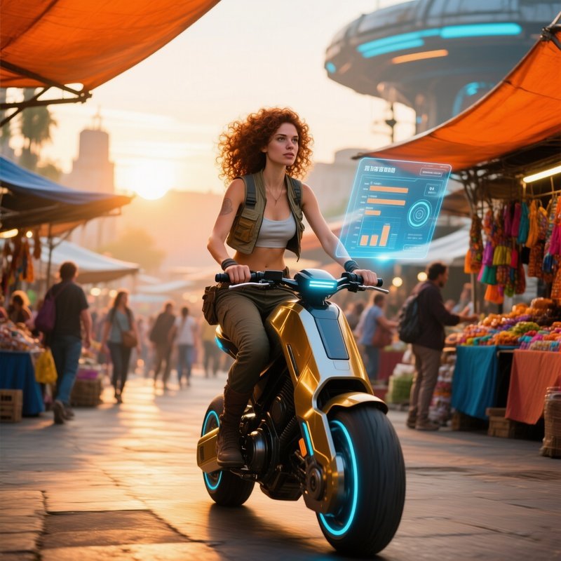 A Bustling Market Square At Dawn With A Woman On A Hover Bike