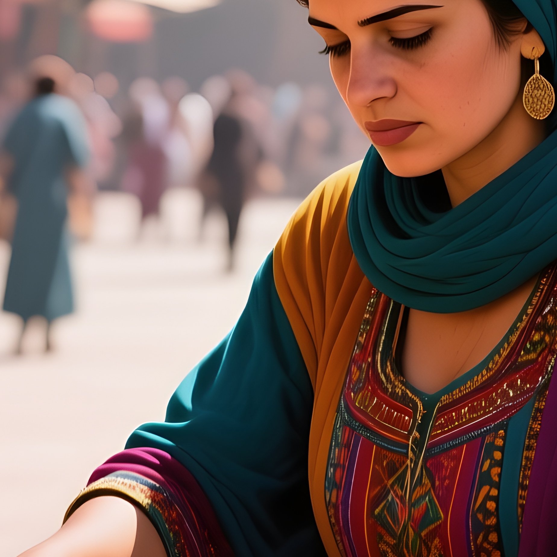 A Bustling Market Square In Marrakech With Vibrant Textiles, A Female Vendor Arranging Spices, - Full Resolution Quality Preview