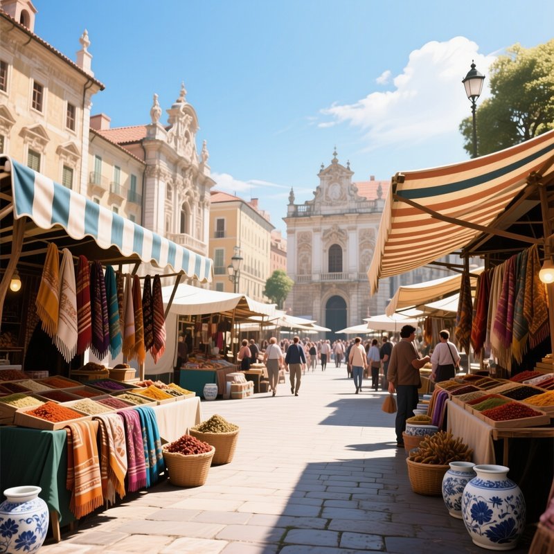 A Bustling Market Square Under A Bright Midday Sky, Stalls With Striped Awnings Selling Silk