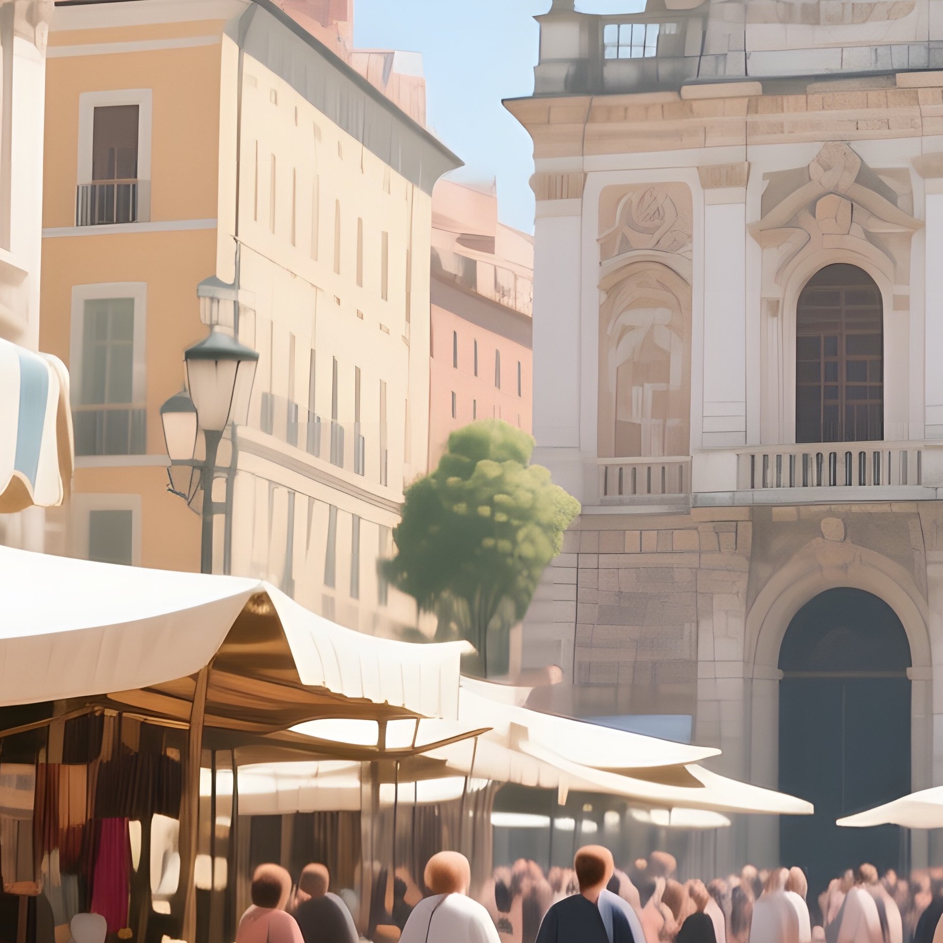 A Bustling Market Square Under A Bright Midday Sky, Stalls With Striped Awnings Selling Silk - Full Resolution Quality Preview