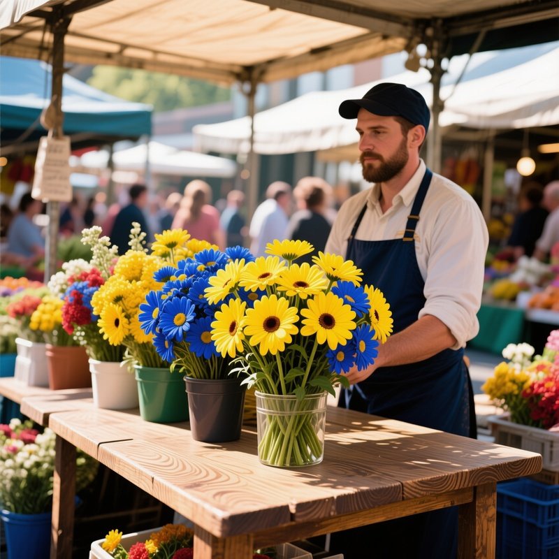 A Bustling Market Stall Displaying Bouquets Of Pop‑Art Daisies In Electric Yellow And Cobalt Blue,