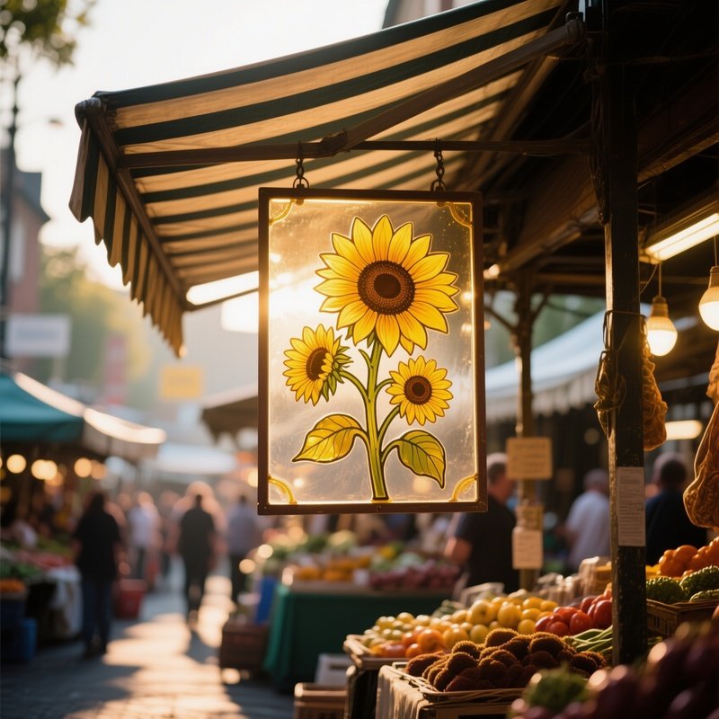 A Bustling Market Stall Under A Striped Awning, Featuring A Hand Painted Glass Sign Of Sunflowers