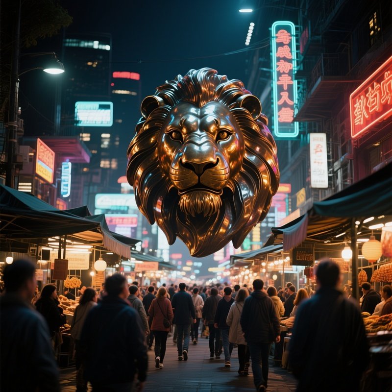 A Bustling Market Street At Night With Neon Signs Reflecting Off A Massive Bronze Lion Head