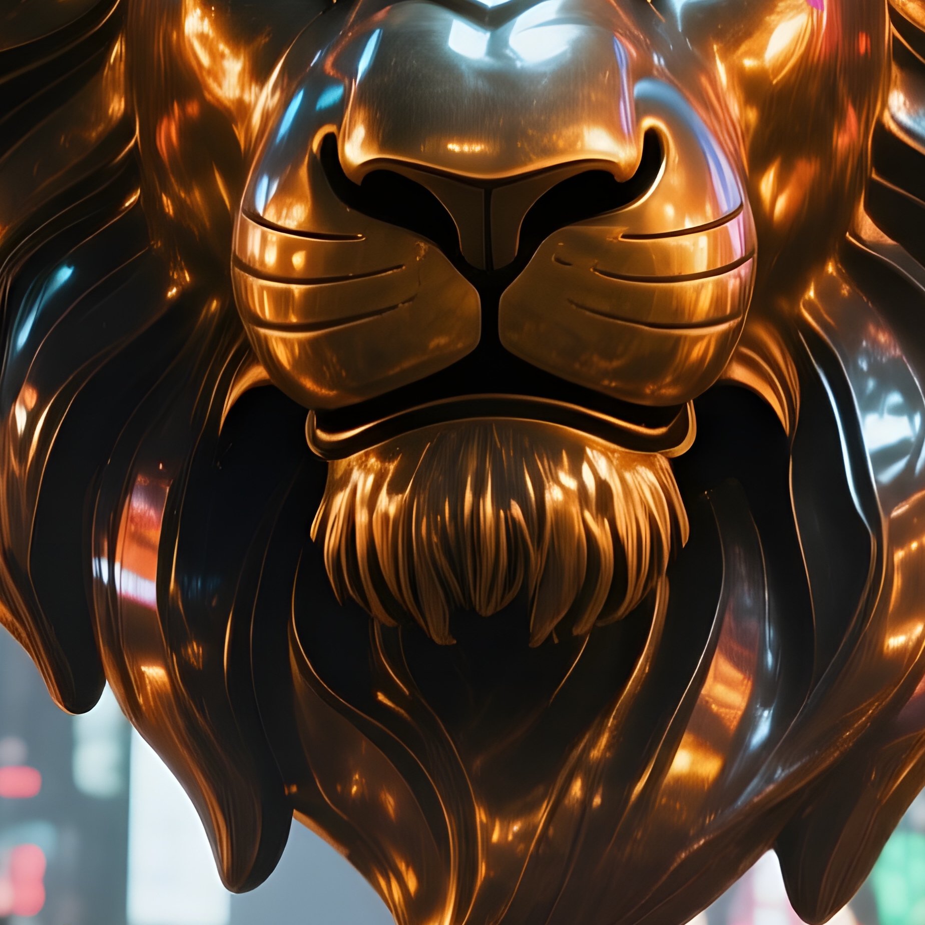 A Bustling Market Street At Night With Neon Signs Reflecting Off A Massive Bronze Lion Head - Full Resolution Quality Preview
