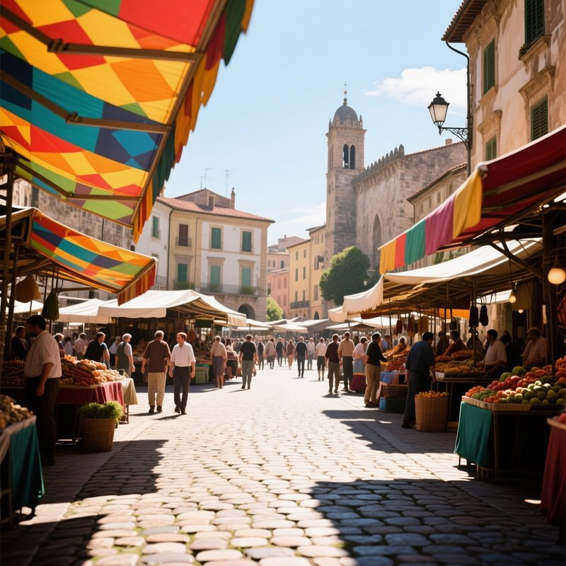 A Bustling Market Street In A Historic Town Square At Midday, Cobblestones Bathed In Bright