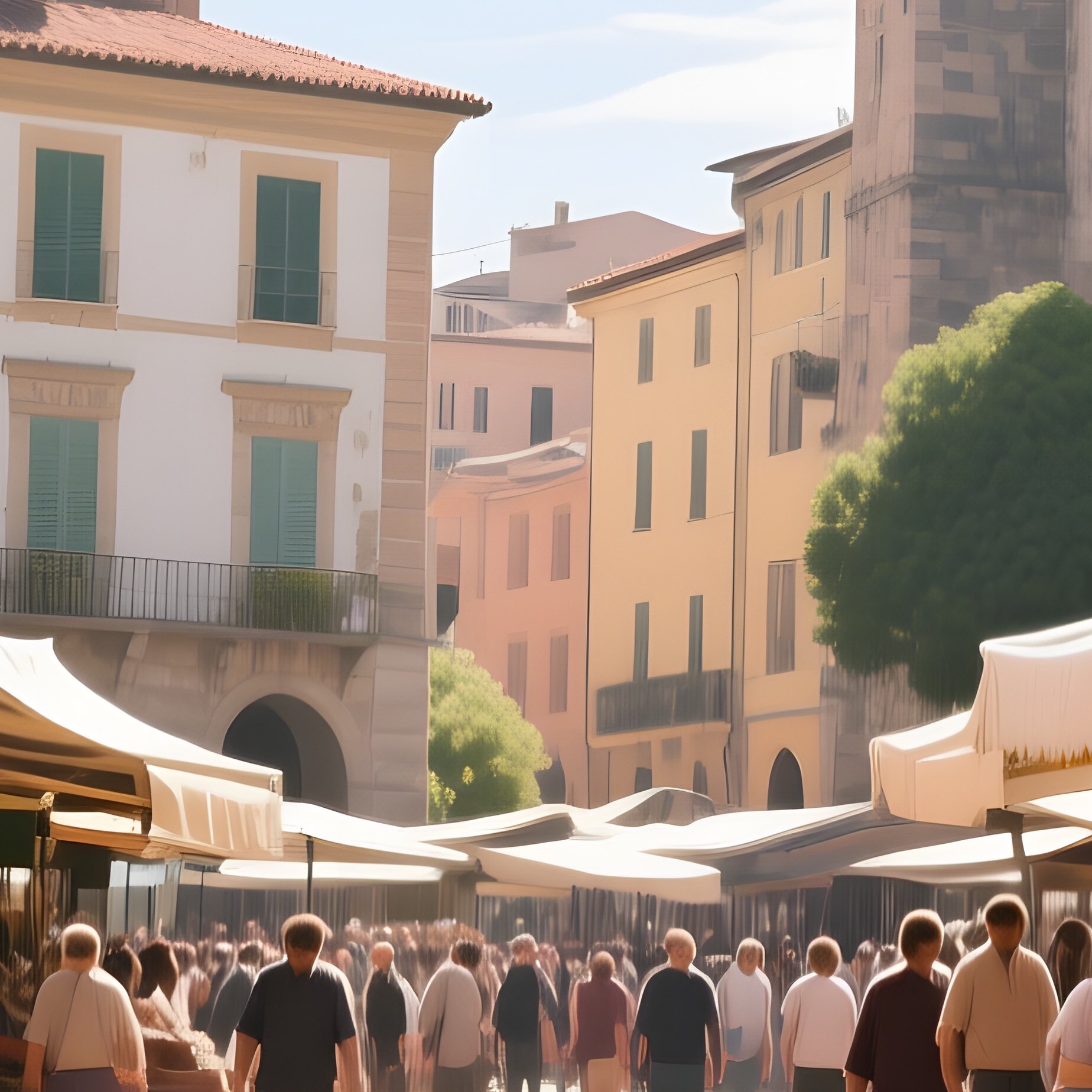 A Bustling Market Street In A Historic Town Square At Midday, Cobblestones Bathed In Bright - Full Resolution Quality Preview