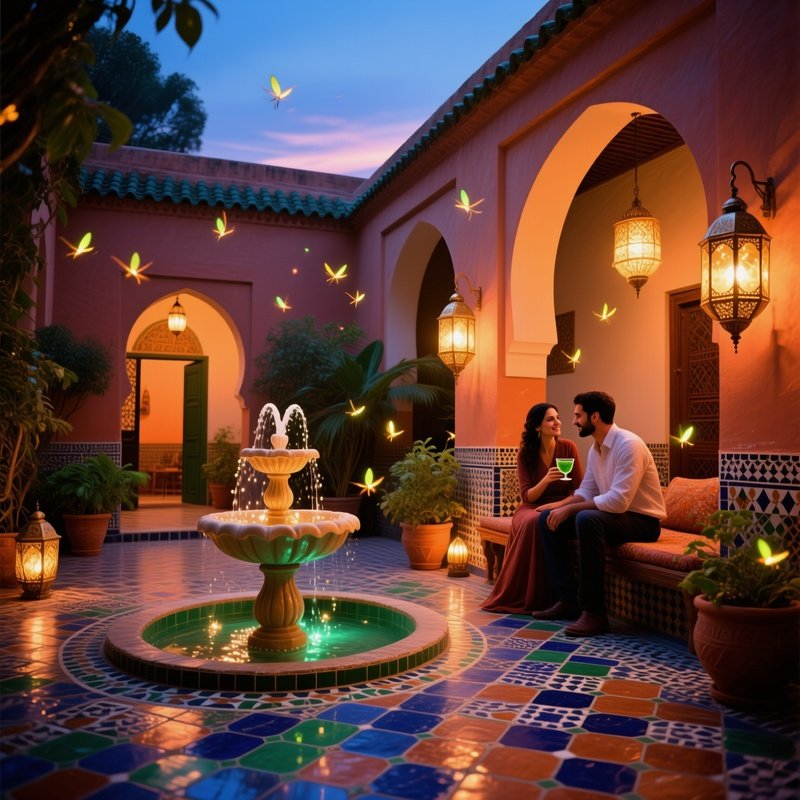 A Bustling Marrakech Riad Courtyard With Mosaic Tiles Fountains Sparkling A Couple Shares Mint Tea