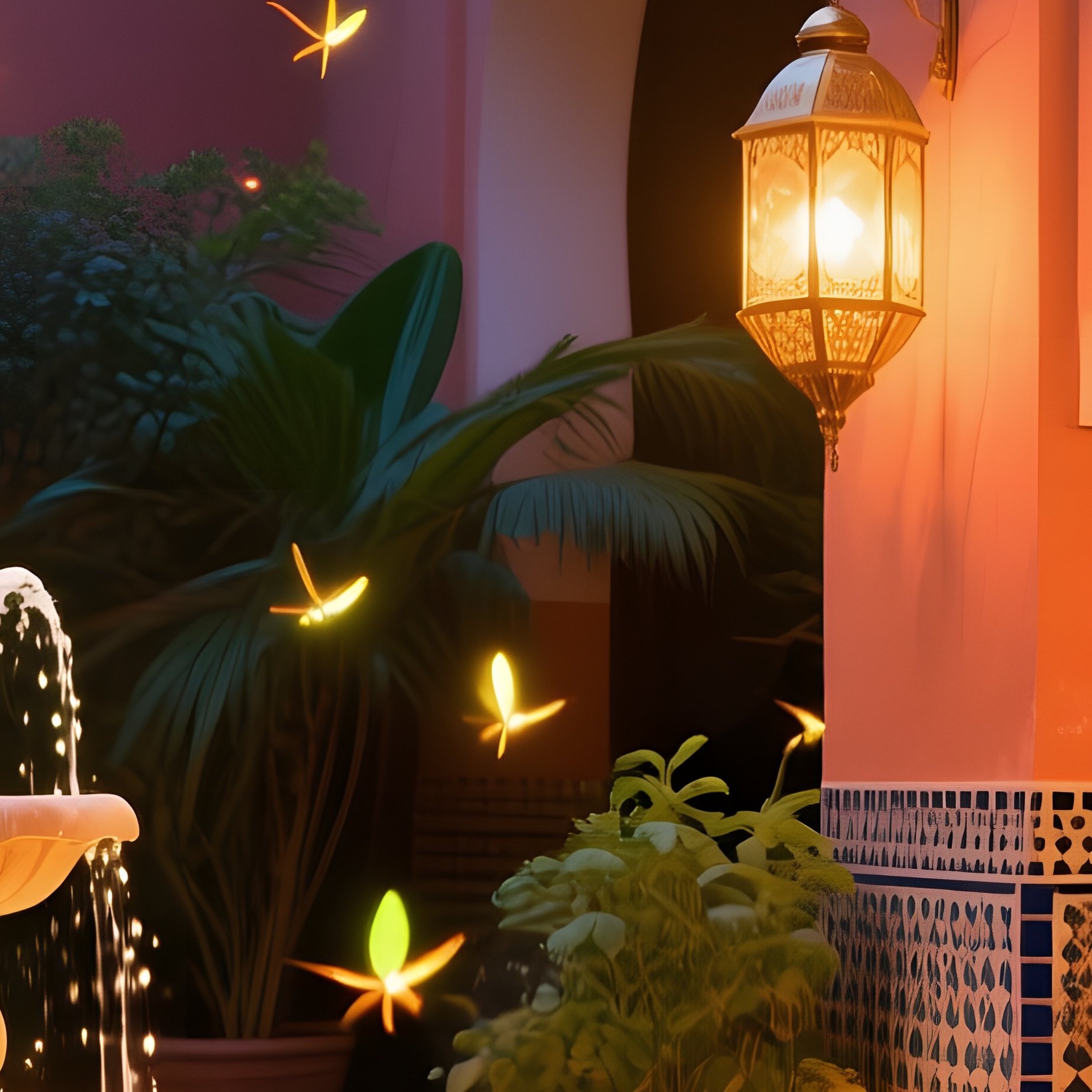 A Bustling Marrakech Riad Courtyard With Mosaic Tiles Fountains Sparkling A Couple Shares Mint Tea - Full Resolution Quality Preview