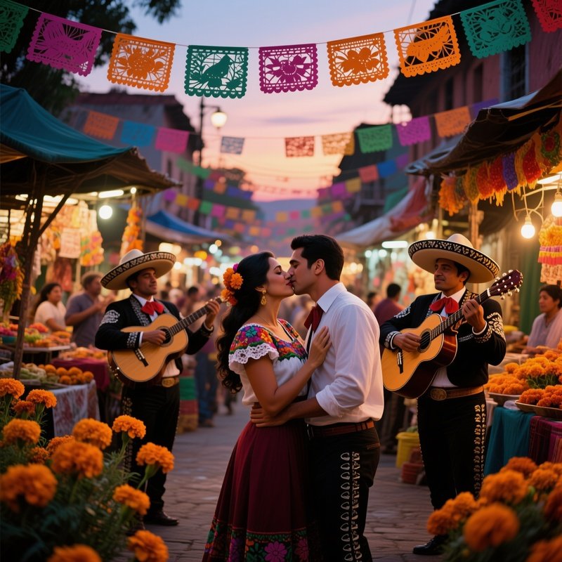 A Bustling Mexican Market At Dusk, Marigolds And Papel Picado Decorations Surrounding A Couple