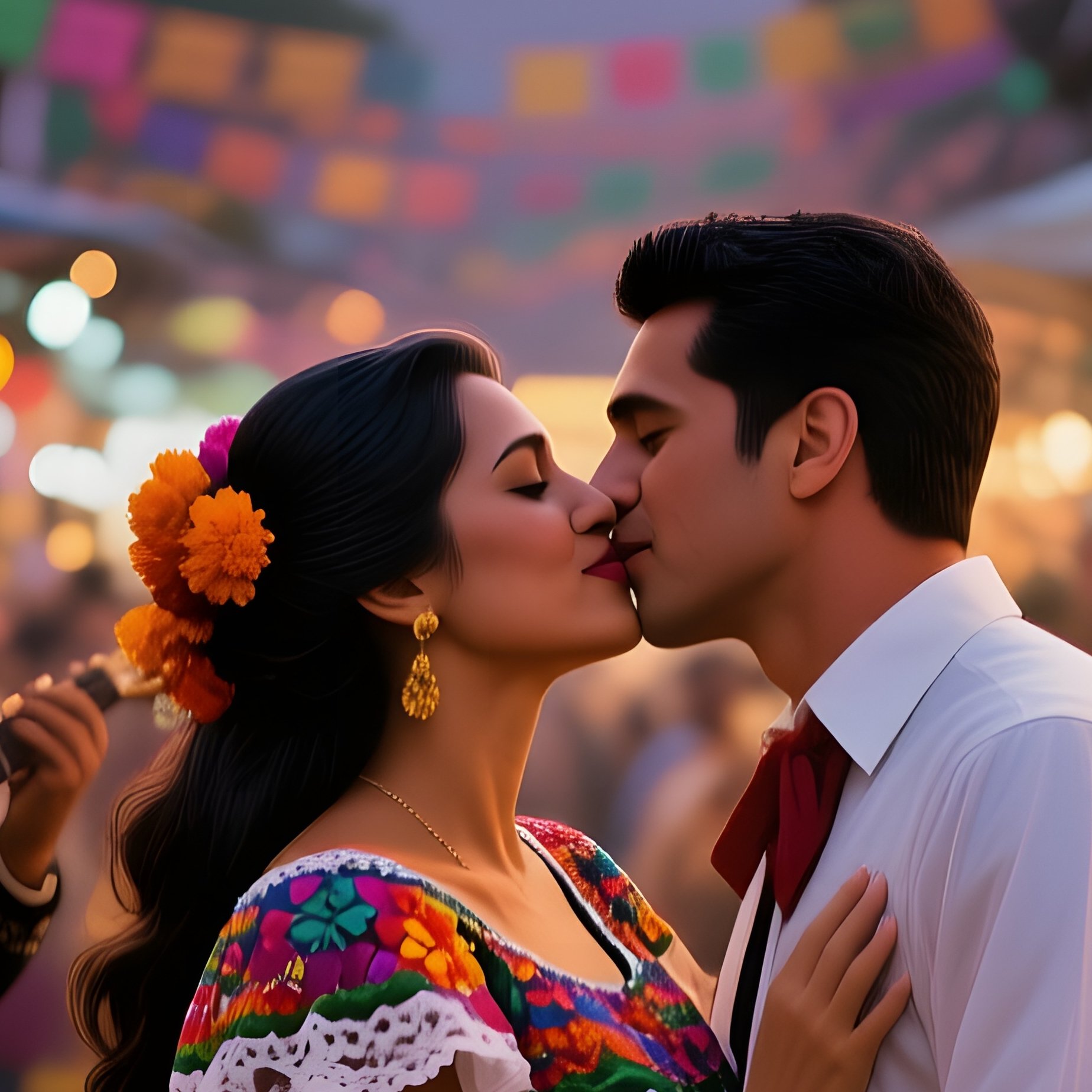 A Bustling Mexican Market At Dusk, Marigolds And Papel Picado Decorations Surrounding A Couple - Full Resolution Quality Preview